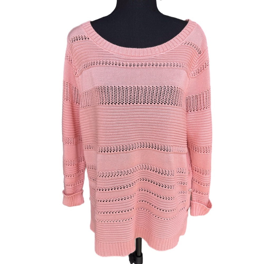 New York & Company Striped Open Knit Button Accent Sweater Blush Pink‎